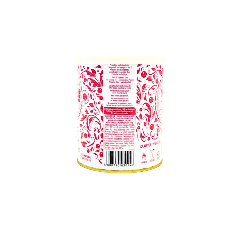 Arrière du pot Amarena Toschi avec valeurs nutritionnelles et design rouge floral.