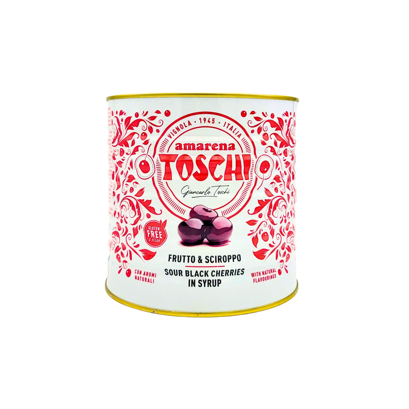 Boîte de cerises Amarena Toschi 2,7 kg, vue avant, format familial pour desserts et glaces italiennes.