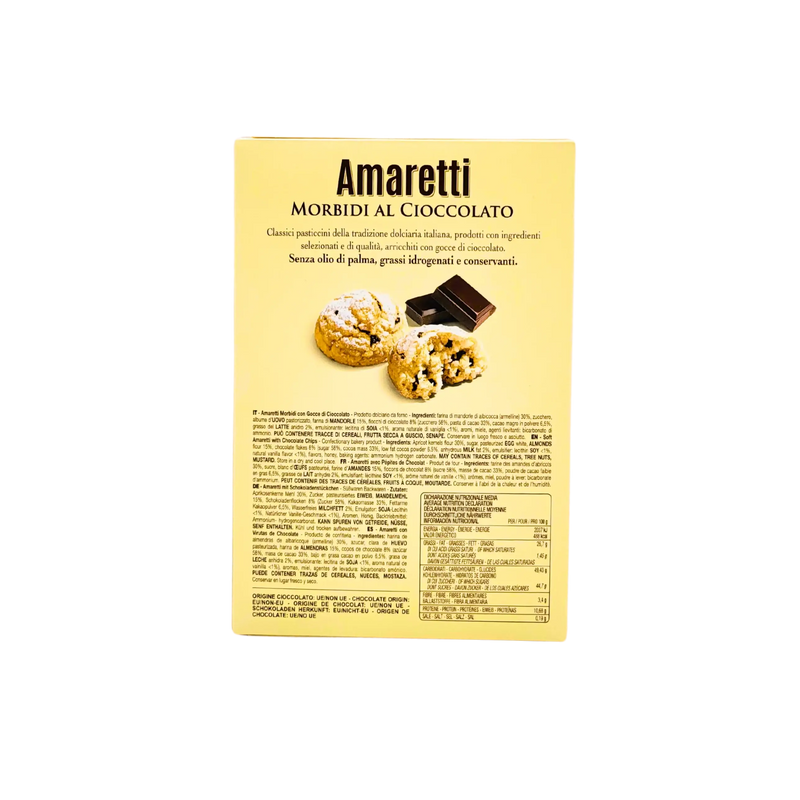 Emballage arrière Amaretti Falcone chocolat avec visuel des biscuits et informations produit.