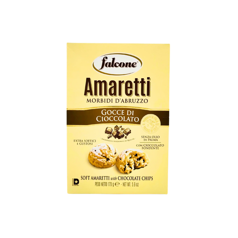 Boîte d’Amaretti Chocolat Falcone 170g vue avant, biscuits moelleux italiens aux éclats de chocolat.