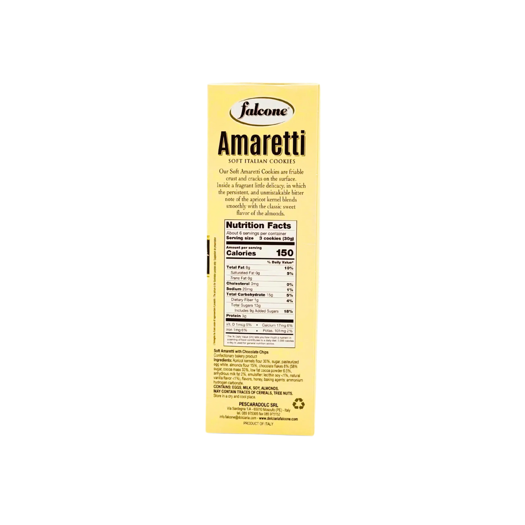 Dos du paquet Amaretti Falcone, informations nutritionnelles chocolat et présentation traditionnelle.