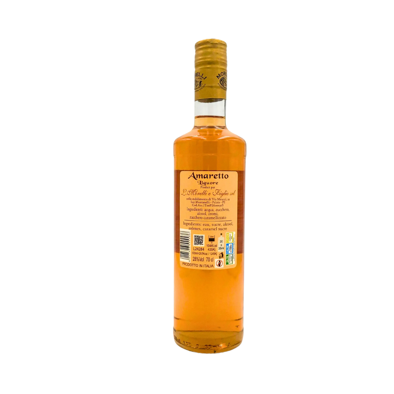 Bouteille d’Amaretto Morelli 70cl vue arrière, liqueur italienne artisanale aux arômes d’amande.
