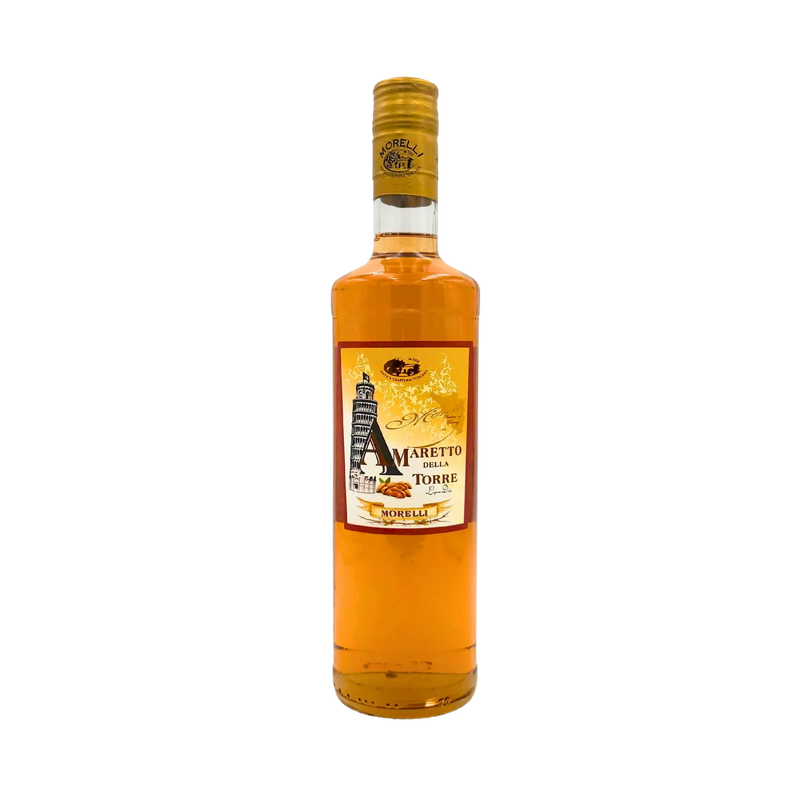 Bouteille d’Amaretto Morelli 70cl vue avant, liqueur italienne à l’amande, étiquette traditionnelle toscane.