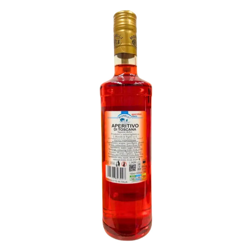 Face arrière d’une bouteille d’apéritif italien Aperitivo Toscana Rosato 700ml de la marque Morelli, boisson rouge avec étiquette détaillant les informations nutritionnelles, ingrédients et code-barres.