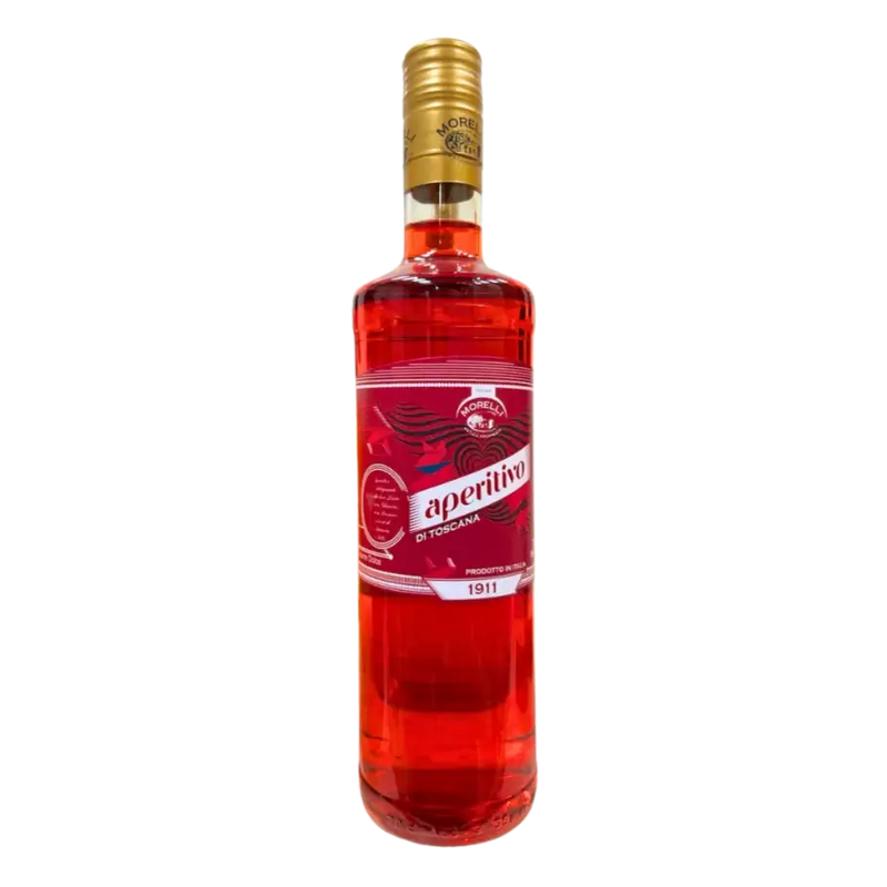 Face avant d’une bouteille d’apéritif italien Aperitivo Toscana Rosato 700ml de la marque Morelli, boisson rouge avec bouchon doré, étiquette indiquant "Prodotto in Italia" et l’année 1911.