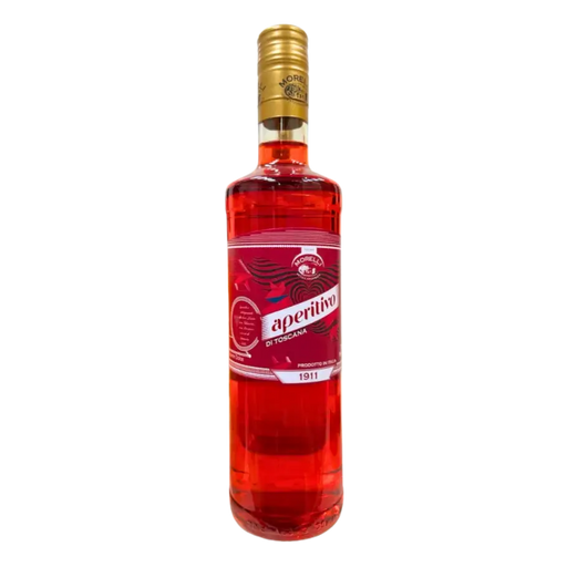 Face avant d’une bouteille d’apéritif italien Aperitivo Toscana Rosato 700ml de la marque Morelli, boisson rouge avec bouchon doré, étiquette indiquant "Prodotto in Italia" et l’année 1911.