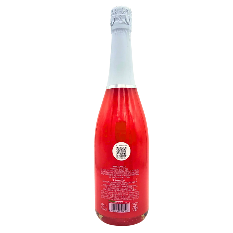 Bouteille de l'Aperitivo Mimosa Canella 75cl - vue arrière, avec les informations détaillées et un QR code sur l'étiquette.