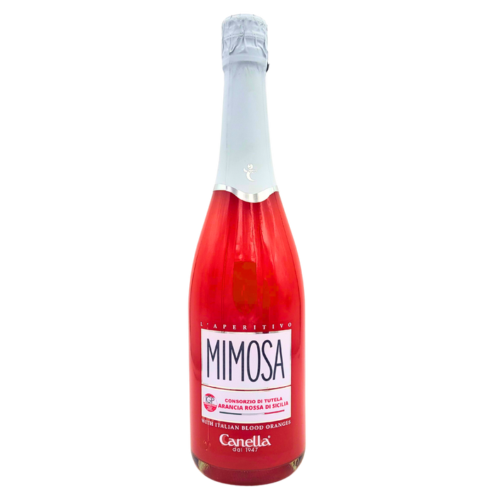 Vue avant de l'aperitivo Mimosa Canella 75cl avec étiquette indiquant la présence de l'arancia rossa di Sicilia.