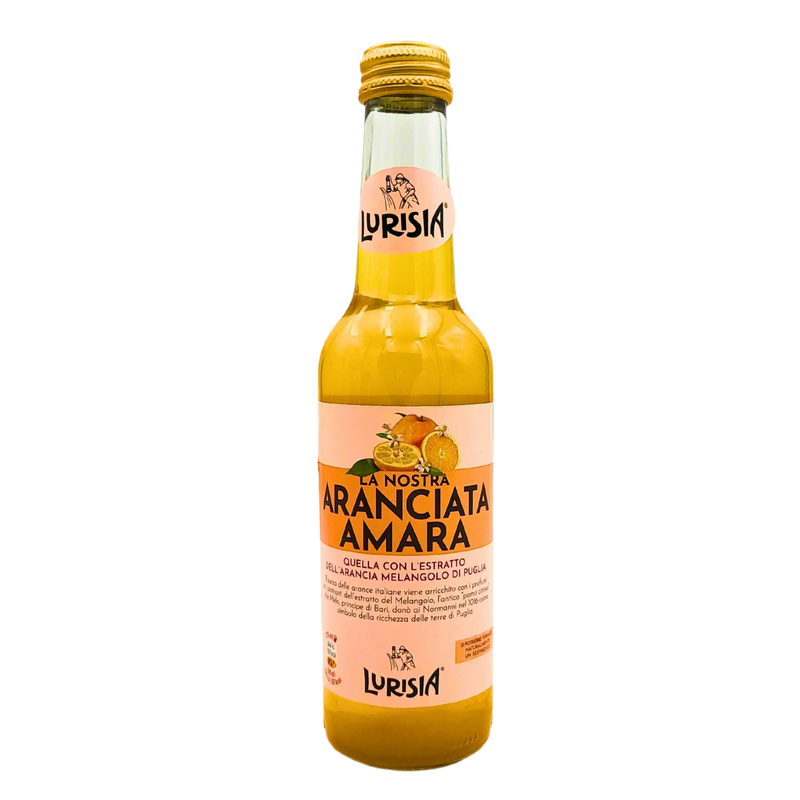 Bouteille d'Aranciata Amara Lurisia 275 ml, vue avant, boisson gazeuse italienne à l'extrait d'orange amère de Puglia.