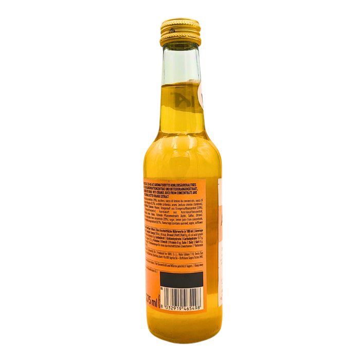 Composition détaillée de la boisson Aranciata Amara Lurisia 275 ml, étiquetage arrière avec ingrédients.