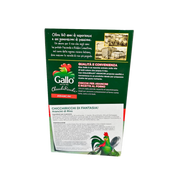 Emballage arrière des Arancini Gallo Chicchiricchi avec détails du produit et recette pour préparer des arancinis de riz savoureux.