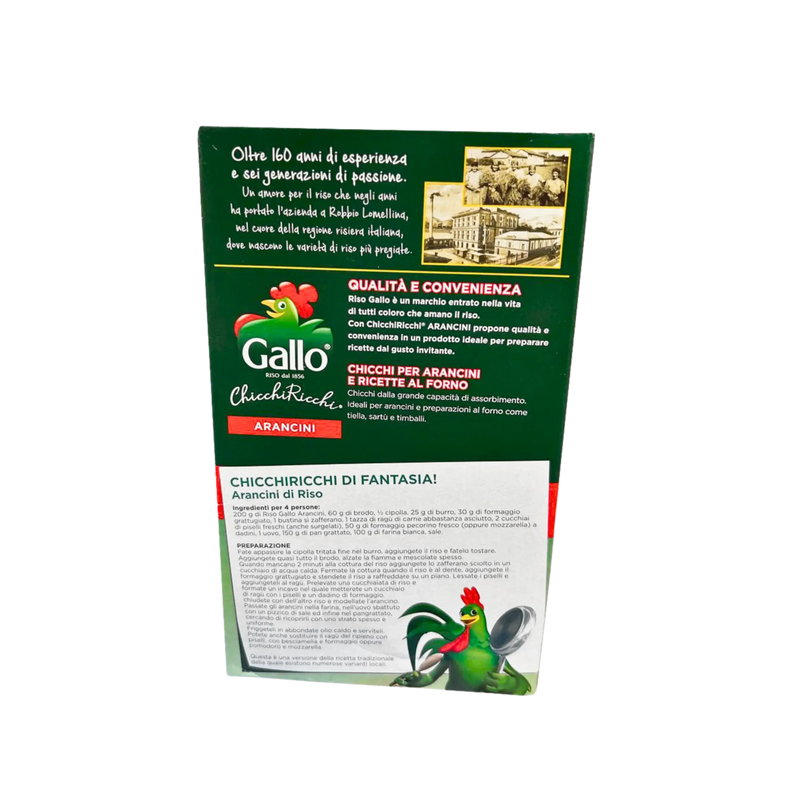 Emballage arrière des Arancini Gallo Chicchiricchi avec détails du produit et recette pour préparer des arancinis de riz savoureux.