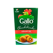 Emballage avant des Arancini Gallo Chicchiricchi avec illustration d'arancinis dorés et croustillants prêts à déguster.