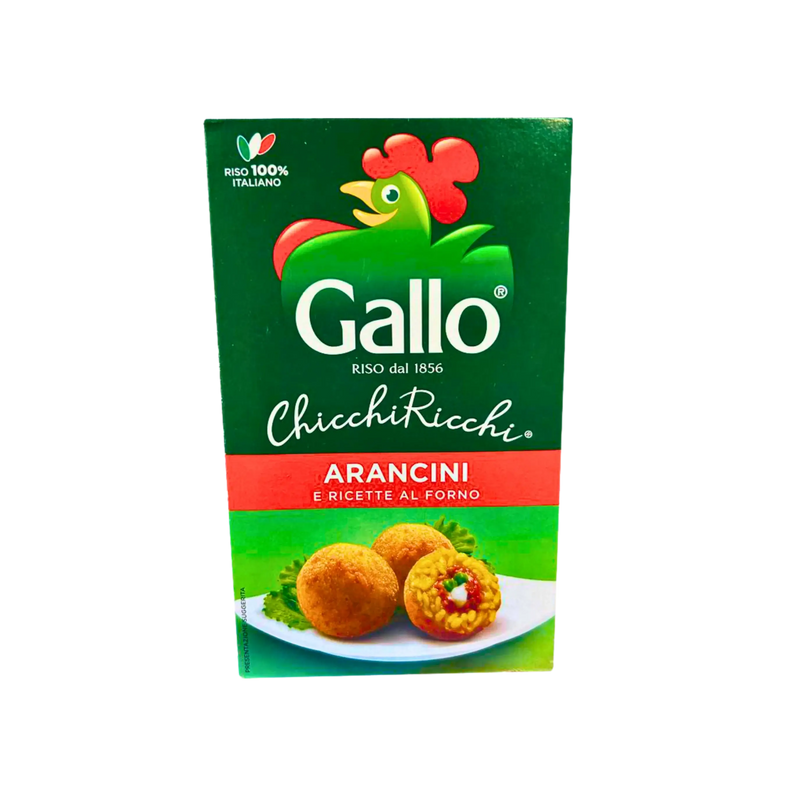 Emballage avant des Arancini Gallo Chicchiricchi avec illustration d'arancinis dorés et croustillants prêts à déguster.