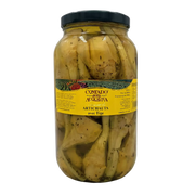 Bocal de Carciofi alla Romana Entiers 2,9 kg par Contado Degli Acquaviva, artichauts à la romaine entiers avec tiges visibles.
