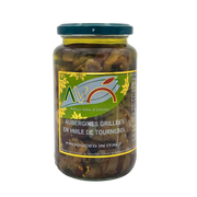 Pot de 550 g d’aubergines grillées en huile, produit par Antica Valle d'Ofanto, avec des morceaux d'aubergines marinées et des épices visibles.
