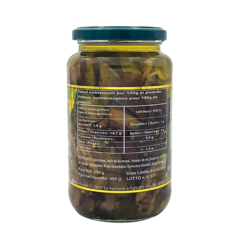 Vue arrière du pot de 550 g d’aubergines grillées en huile, avec les informations nutritionnelles et la liste des ingrédients affichées sur l'étiquette.