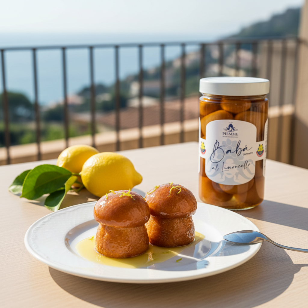 Baba au limoncello Piemme – Dessert italien moelleux (600 g) – mise en scène générée par IA à partir de la photo du produit