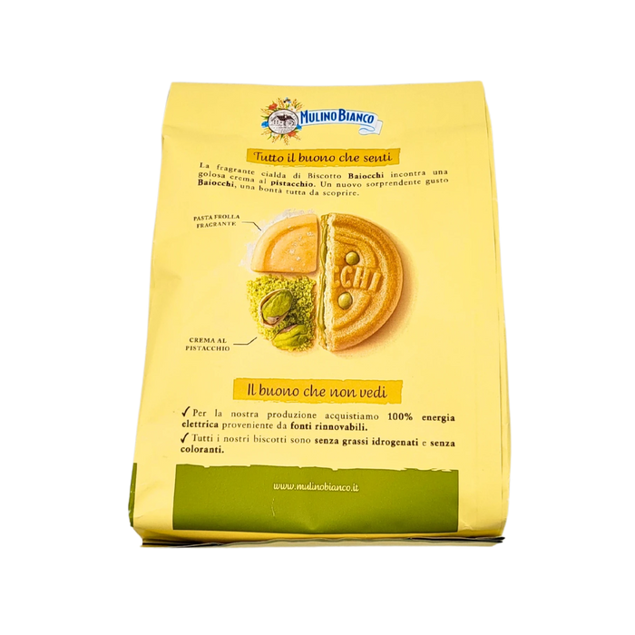 Informations sur le paquet de 240g de biscuits Baiocchi Pistacchio de Mulino Bianco, avec crème de pistache, détails de la pâte et production à énergie 100 % renouvelable.