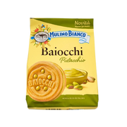 Emballage de Baiocchi Pistacchio Mulino Bianco 240 g, biscuits italiens fourrés à la crème de pistache onctueuse.