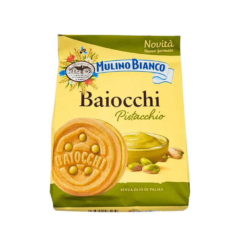 Emballage de Baiocchi Pistacchio Mulino Bianco 240 g, biscuits italiens fourrés à la crème de pistache onctueuse.