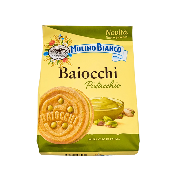 Paquet de 240g de biscuits Baiocchi Pistacchio de Mulino Bianco avec crème de pistache, sans huile de palme