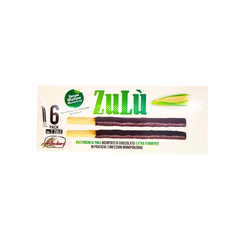 Emballage des Gressins Sucré de Maïs Zulù - Valledoro, biscuit sans gluten recouvert de chocolat, 120g