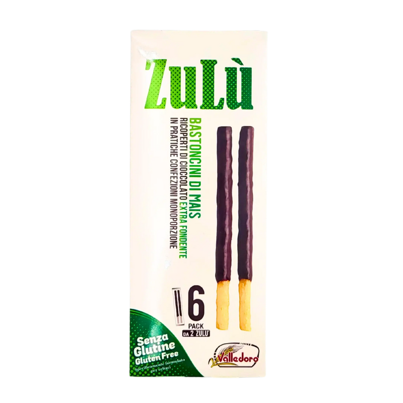 Boîte de Gressins Sucré de Maïs Zulù Valledoro 120g, biscuit sans gluten au chocolat, collation sucrée et croquante.