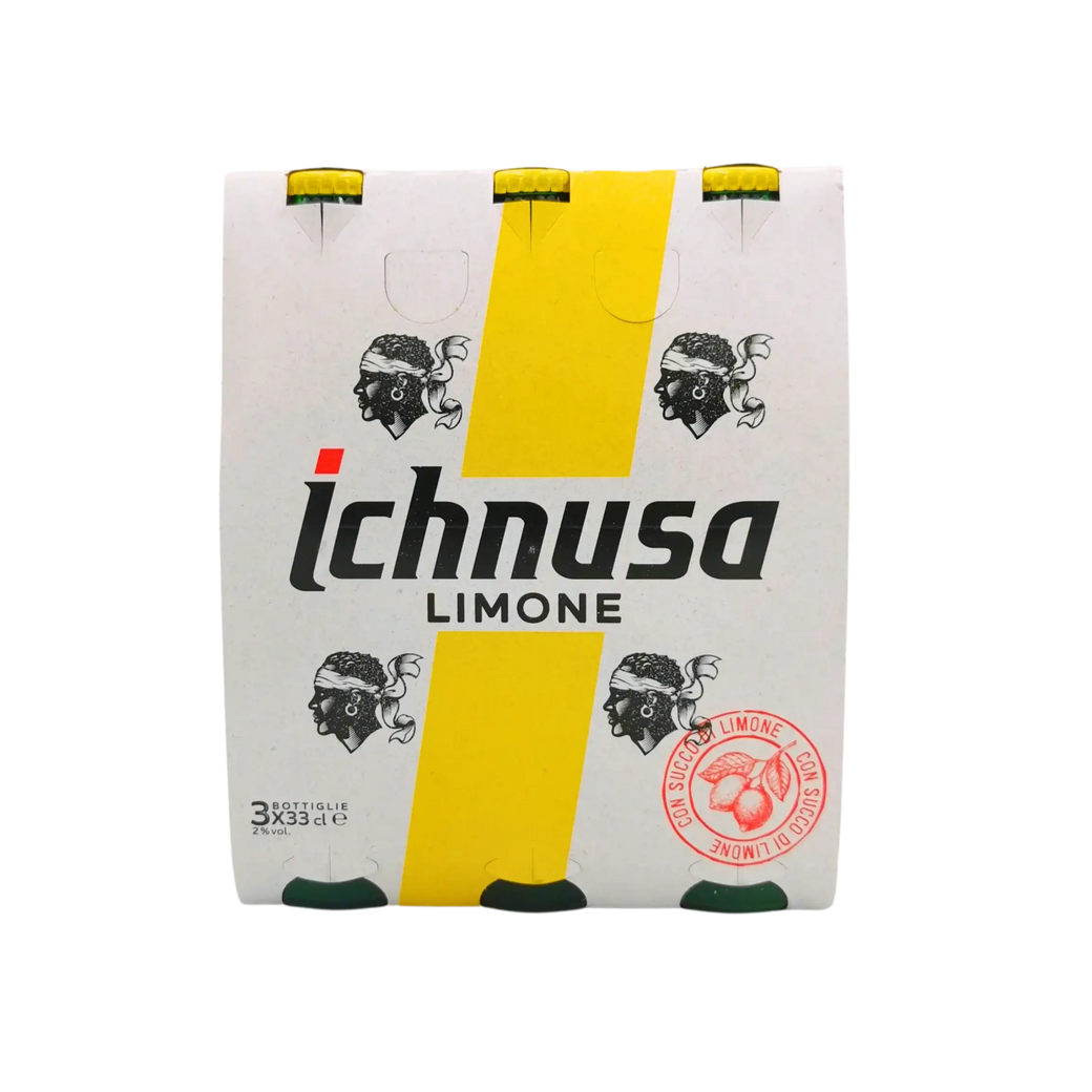 Verpakking van 3 flessen citroenbier Ichnusa Limone 33cl, verfrissende Italiaanse radler met citroen, gebrouwen in Sardinië.