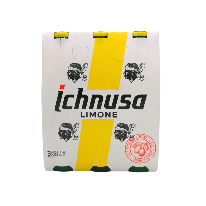 Pack de 3 bouteilles de bière citronnée Ichnusa Limone 33cl, radler italienne rafraîchissante au citron, brassée en Sardaigne.