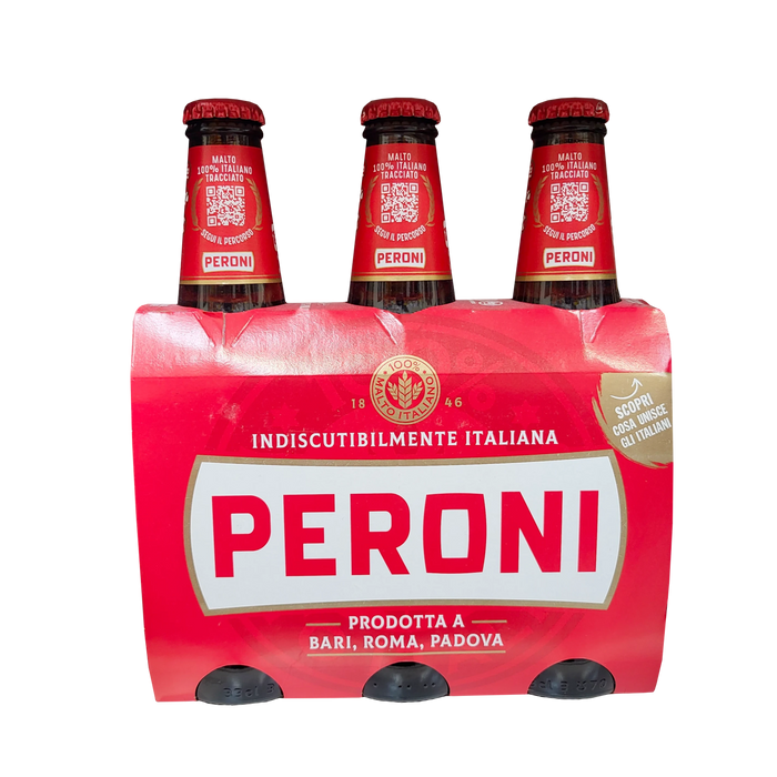 Pack de 3 bouteilles de Bière Peroni 33cl, produit à Bari, Rome, et Padoue.