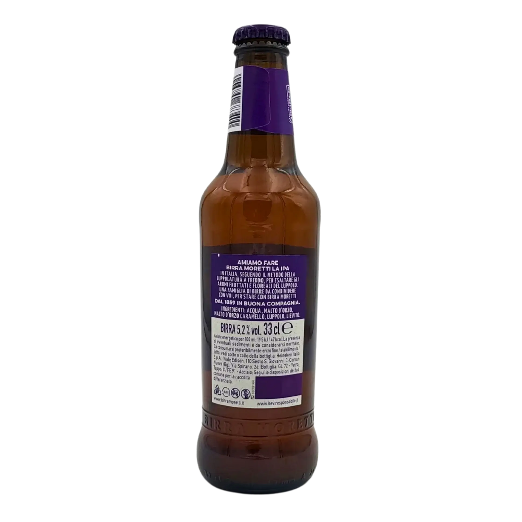 Bottle of Birra Moretti IPA 33 cl, showcasing the Italian style of the birra moretti ipa with its distinctive purple label design.
