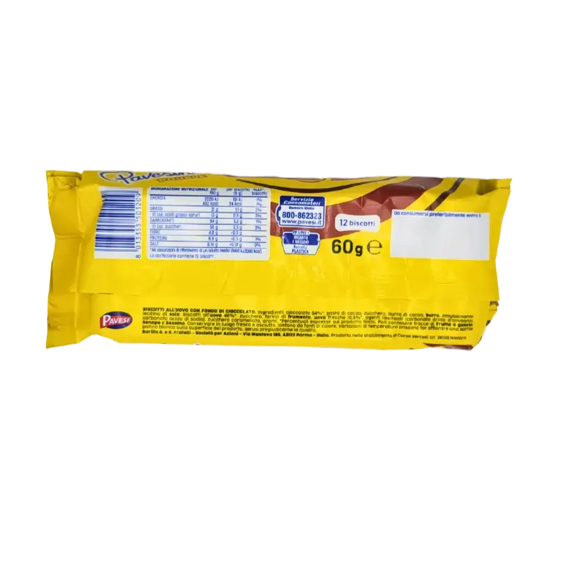 Ingrédients et informations nutritionnelles du biscuit Pavesini double chocolat 60g – biscuit italien pour dessert ou collation