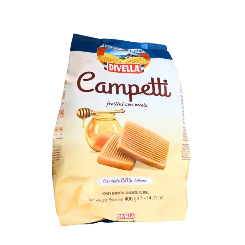 Biscuits italiens au miel Divella Campetti 400g avec emballage, sans huile de palme, image du produit avec pot de miel.