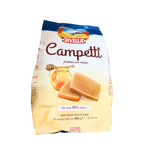 Biscuits italiens au miel Divella Campetti 400g avec emballage, sans huile de palme, image du produit avec pot de miel.
