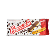 Biscuits Finger au chocolat Gocciole packaging showcasing Italian chocolate cookies with a smooth chocolate base.