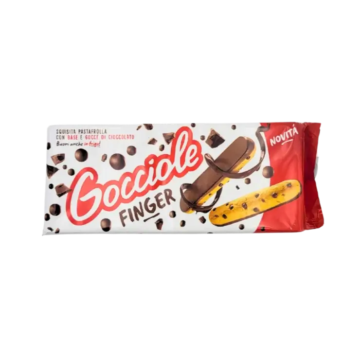 Biscuits Finger au chocolat Gocciole packaging showcasing Italian chocolate cookies with a smooth chocolate base.