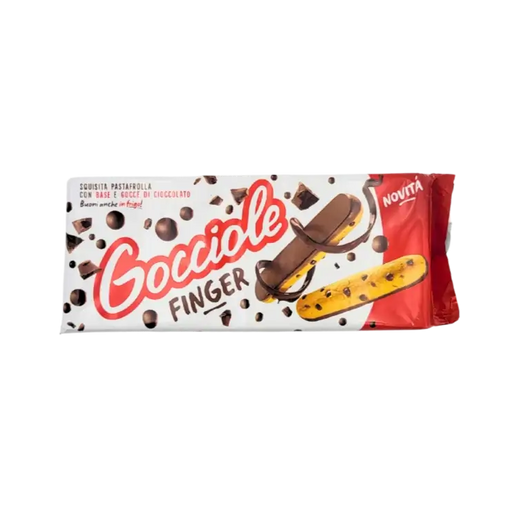Biscuits Finger au chocolat Gocciole packaging showcasing Italian chocolate cookies with a smooth chocolate base.