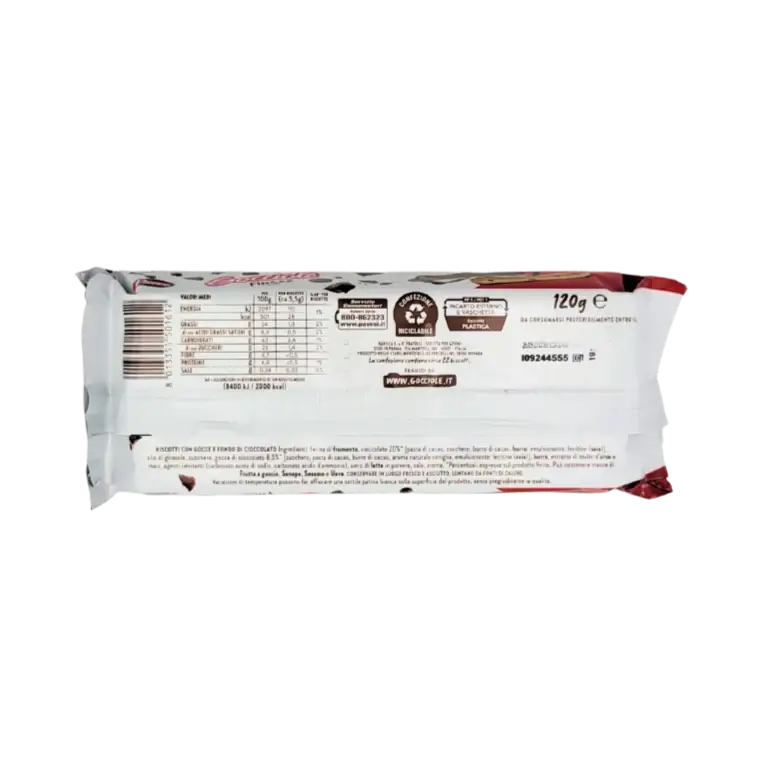 Packaging of Biscuits Finger au chocolat Gocciole 120g with nutritional information and ingredients.