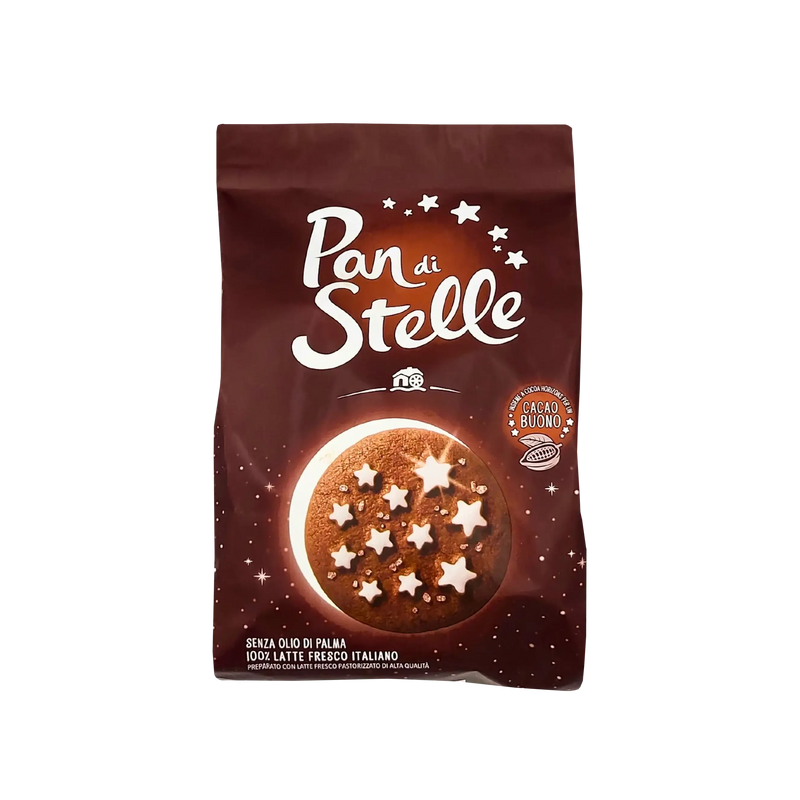 Sachet de biscuits Pan di Stelle Barilla, biscuits italiens au chocolat décorés en forme d’étoile, 350g