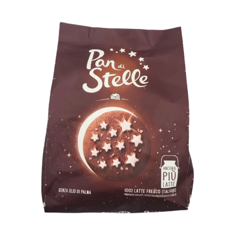 Emballage des biscuits Pan di Stelle de Barilla, 700 g, présentant des biscuits au chocolat et au lait en forme d’étoiles, une gourmandise italienne pour le petit-déjeuner.