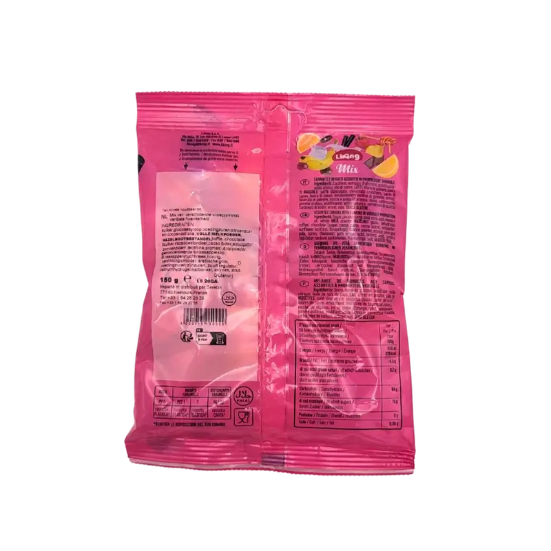 Dos du sachet de bonbons LiKing Mix 150g avec ingrédients, valeurs nutritionnelles et mentions sans gluten