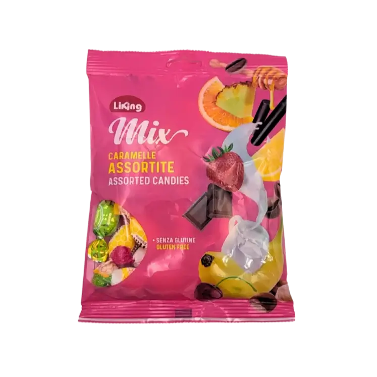 Sachet de bonbons assortis LiKing sans gluten, aux fruits et au chocolat, face avant – 150g