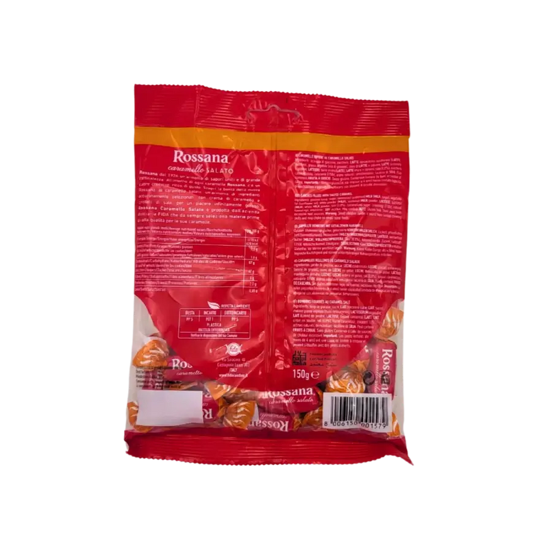 Dos de l'emballage des bonbons Rossana caramel salé - ingrédients, valeurs nutritionnelles et mentions fabricant.