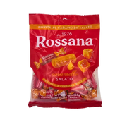 Sachet de bonbons Rossana au caramel salé - face avant, emballage rouge 150g avec logo Rossana et mention caramel salato.