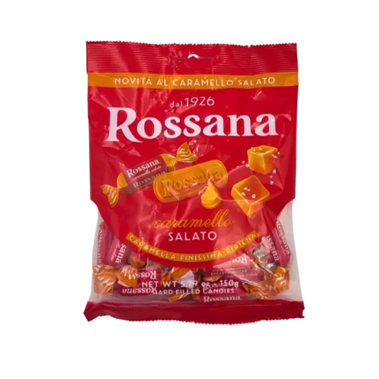 Sachet de bonbons Rossana au caramel salé - face avant, emballage rouge 150g avec logo Rossana et mention caramel salato.