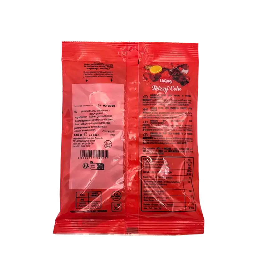 Dos de l’emballage des bonbons Cola Liking Frizzy pétillants sans gluten, 150 g.