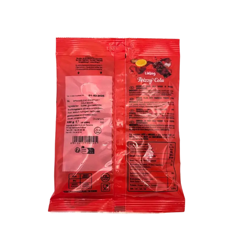 Dos de l’emballage des bonbons Cola Liking Frizzy pétillants sans gluten, 150 g.