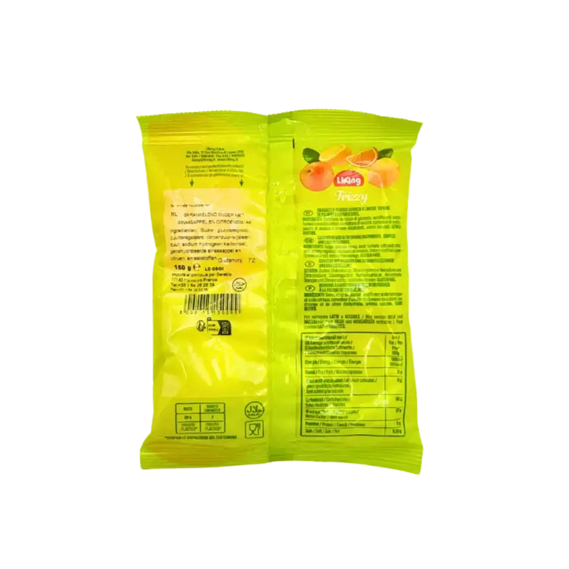 Dos du sachet de bonbons Frizzy Liking 160g – ingrédients, valeurs nutritionnelles et mentions sans gluten