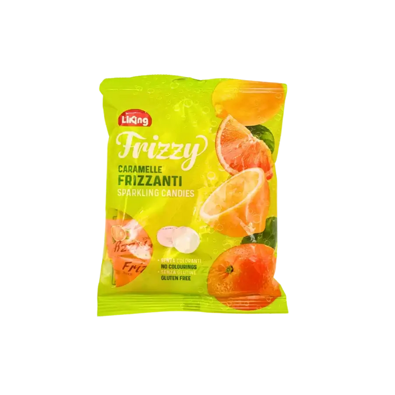Sachet de bonbons Frizzy goût agrumes Liking 160g – sans gluten et sans colorants, visuel citron-orange pétillant
